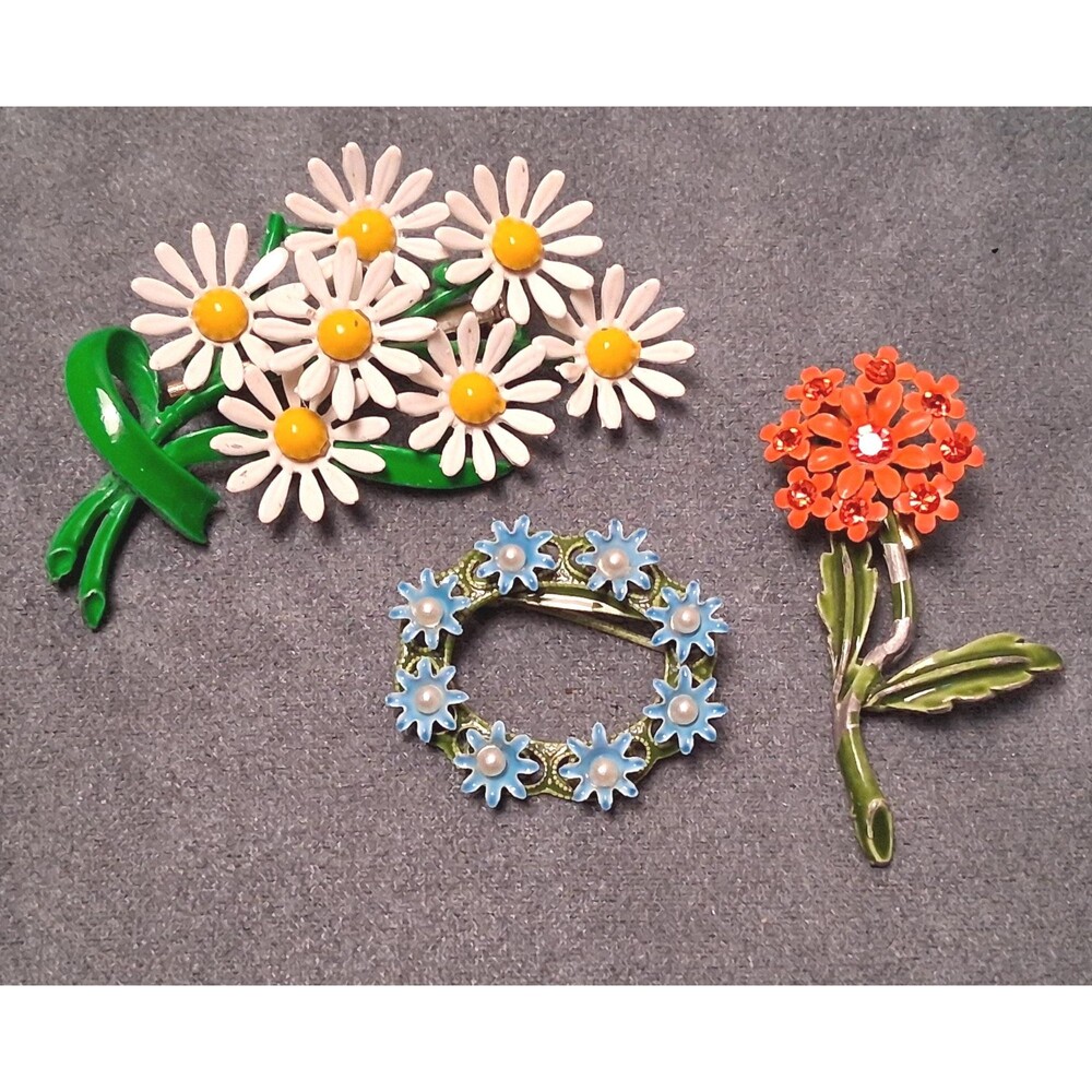 Vintage Enamel Flower Pins (3) Rhinestones & Pearls